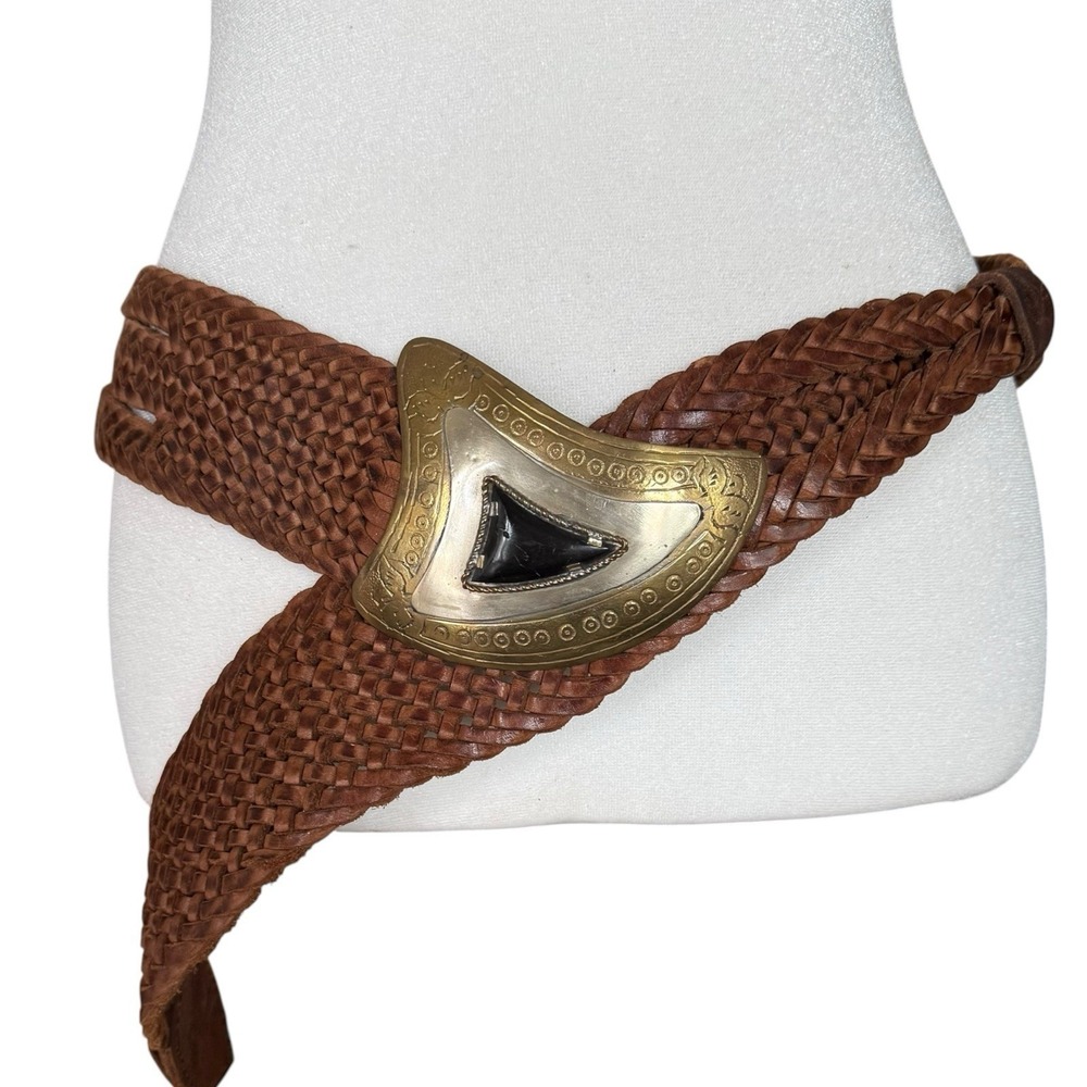 Vintage 90s Y2K Boho Statement Belt Woven Leather Big Brass Buckle Sz M/L Chicos